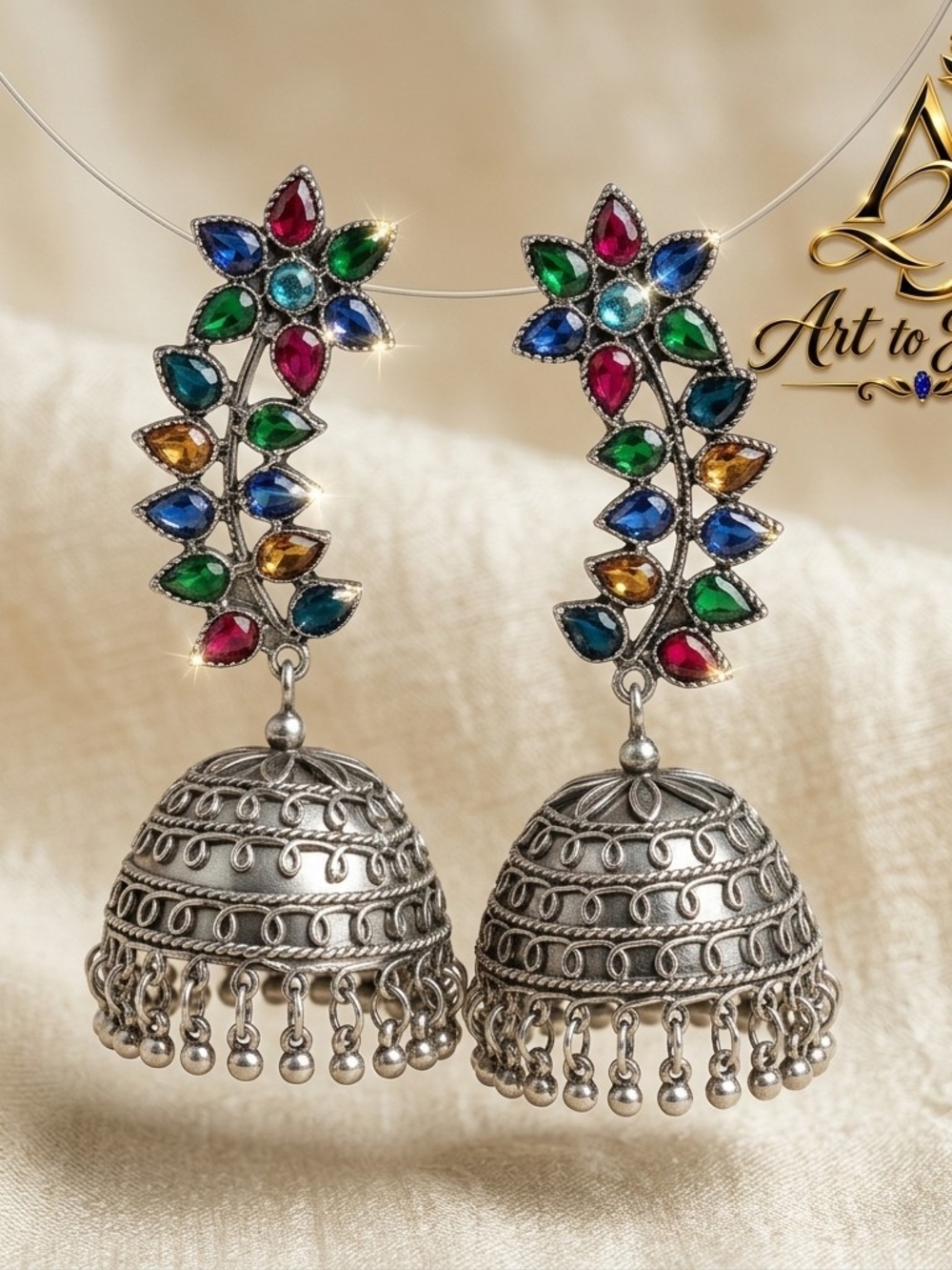 Multicolor Stone Silver Jhumka Earrings -